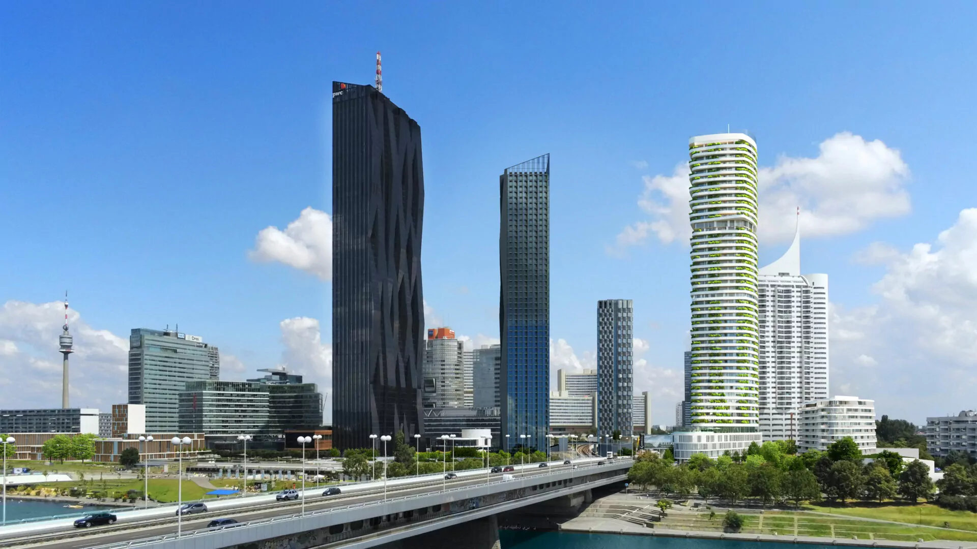 Il grattacielo residenziale DANUBEFLATS a Vienna - in una vista d'insieme con altri edifici.