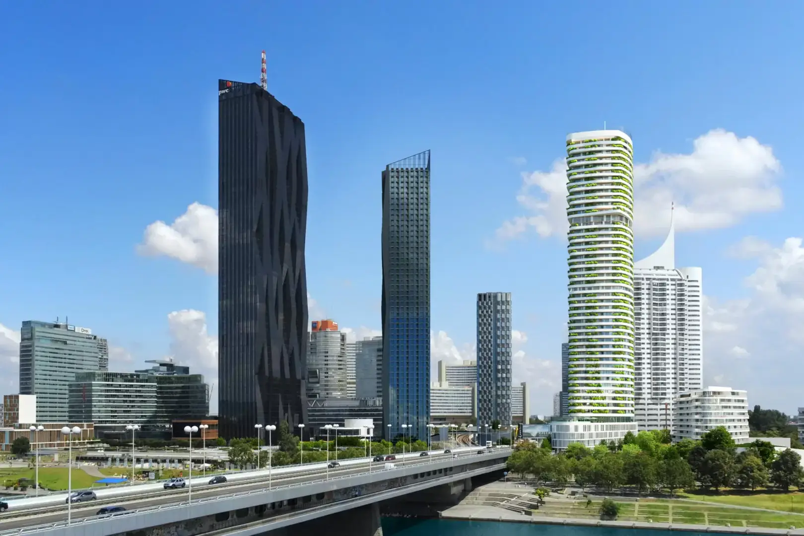 Il grattacielo residenziale DANUBEFLATS a Vienna - in una vista d'insieme con altri edifici.